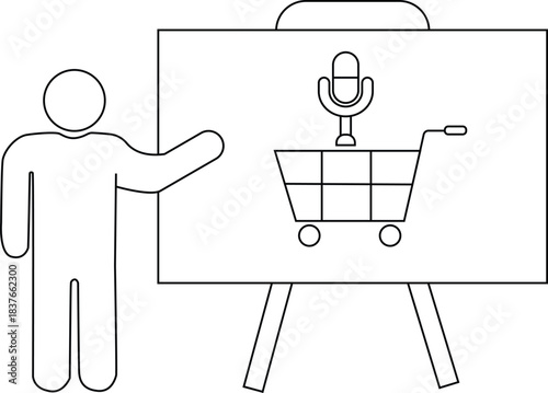 A person presenting a whiteboard showing a shopping cart with a microphone symbol above it