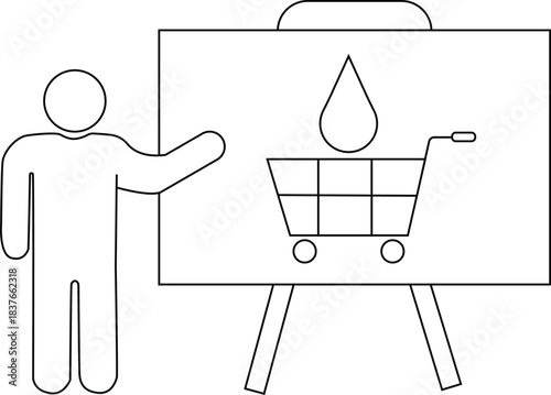 A person presents a shopping cart under a raindrop on a whiteboard display