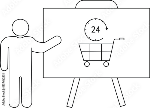 A person presents a whiteboard showing a shopping cart and a 24 hour label indicating 247 availability
