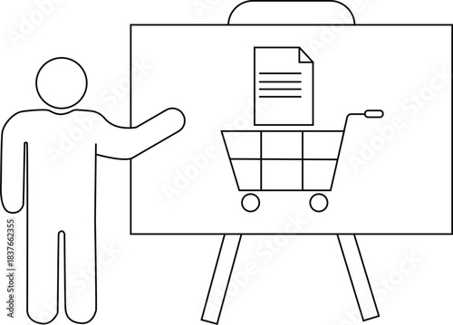 A person presents a whiteboard with a shopping cart and document drawing
