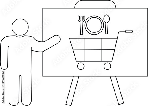 Outline of person presenting shopping cart and dining symbols on board