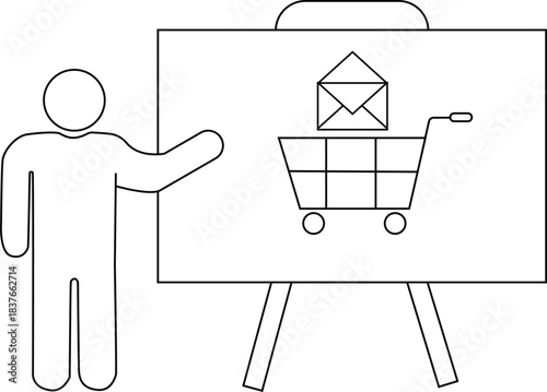 Person gesturing to a whiteboard displaying a shopping cart with an envelope