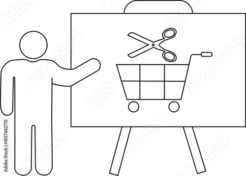 Person gesturing to a whiteboard with scissors  shopping cart drawing