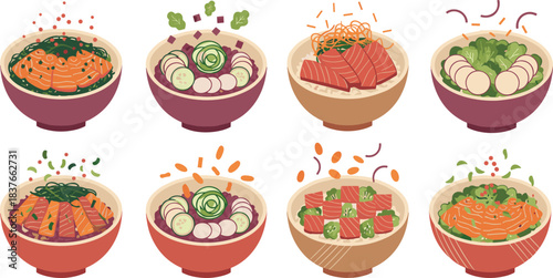 Authentic Japanese Cuisine, Delicious Asian Poke Bowls, Traditional Donburi, and Modern Sashimi Rice Dishes, Vector Illustration Set for Menu Design, Healthy Eating,
