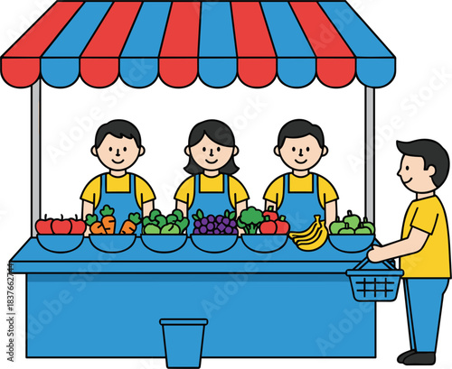A friendly group of diverse vendors, two men and one woman, happily manage a colorful produce stall, featuring fresh fruits and vegetables, while a customer purchases healthy