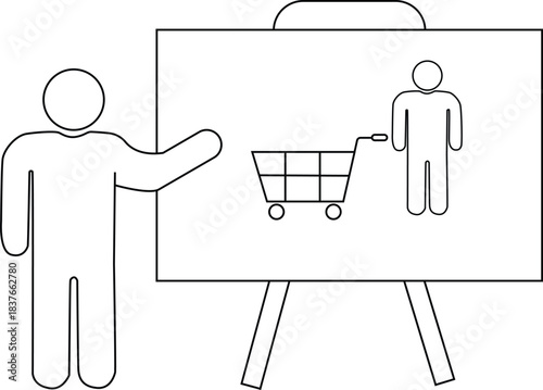 Person presenting shopping cart and figure on easel simplistic line art