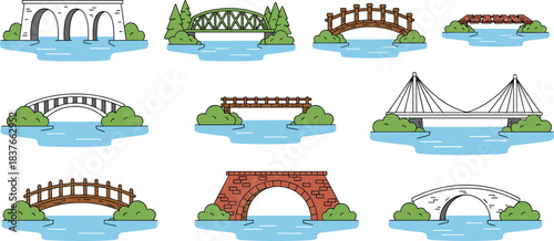 Collection of various architectural bridge designs spanning blue water, including suspension, cable-stayed, truss, arch, stone, and pedestrian overpasses, 