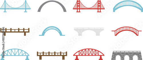 Diverse Architectural Bridge Icons Collection Vector Illustration Set, Featuring Suspension, Arch, Truss, Wooden, and Stone Bridges in Varied Shapes and Designs, Perfect for Infrastructure, Travel