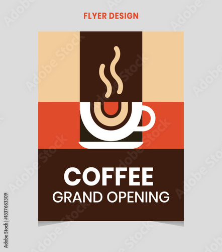 Modern coffee shop grand opening flyer design with steaming cup