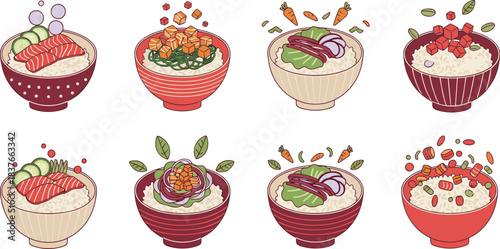 Delicious Japanese Donburi Rice Bowl Collection with Salmon Tuna Vegetables and Meat for Asian Cuisine Restaurant Menu Food Blog Website Design Elements