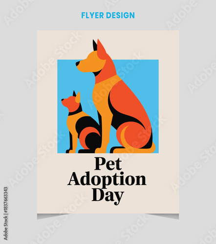 Vibrant pet adoption day flyer design featuring two stylized dogs in warm colors