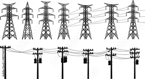 Electric Power Grid Vector Set: High Voltage Transmission Towers, Pylons, and Urban Utility Poles with Transformers, Essential Energy Distribution Infrastructure Collection