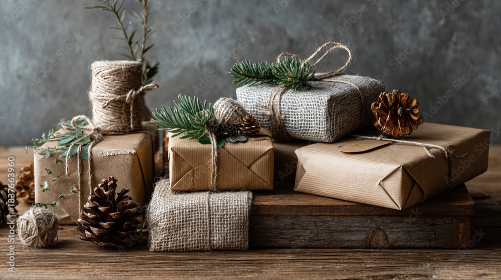 Naklejka premium Eco-friendly christmas gifts in kraft paper on wooden table, zero waste holiday packaging, sustainable festive decor concept
