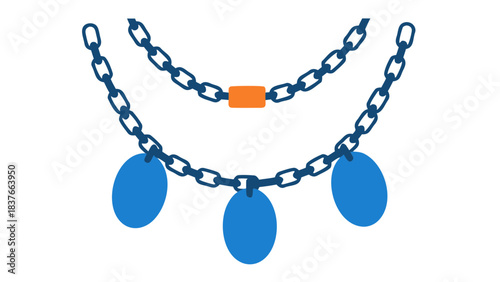 Stylized Blue Chain Necklace With Orange Accent And Three Blue Oval Charms Isolated On Black Background Simple Flat Design
