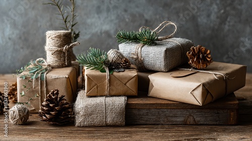 Eco-friendly christmas gifts in kraft paper on wooden table, zero waste holiday packaging, sustainable festive decor concept