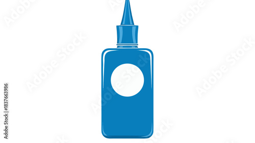 Stylized blue glass bottle with white circular label and cap on black background clean design