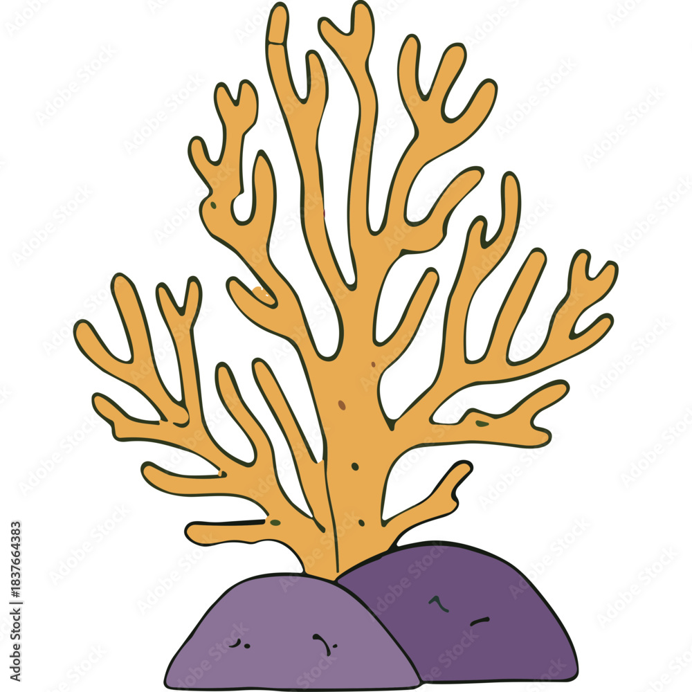 Fototapeta premium Stylized Orange Coral Branch Growing On Purple Rocks Against A Black Background Simple Vector Illustration