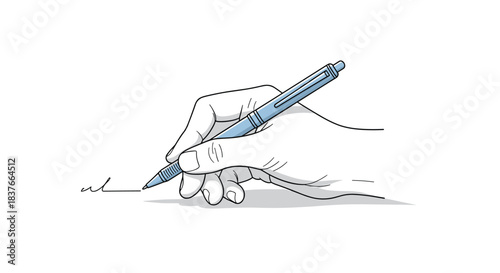 Close-up illustration of a hand holding a blue ballpoint pen and writing a signature with black ink on a blank white surface.
