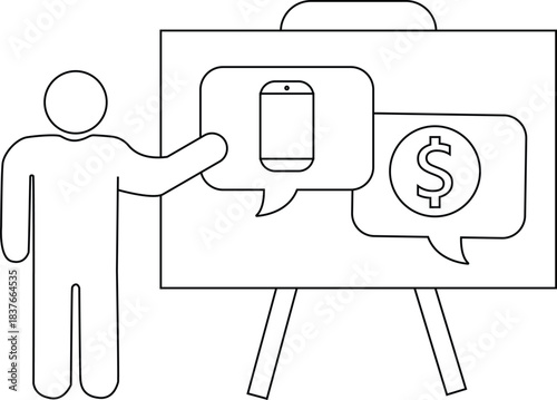 A figure presents a board with a phone and dollar sign in speech bubbles