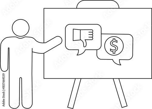 A figure presents an easel with thumbs down and a dollar sign possibly indicating financial disapproval