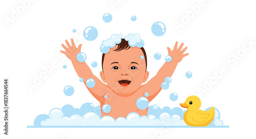 Joyful cartoon baby with hands in the air plays happily in a bubble bath with a cute yellow rubber ducky on a white background.