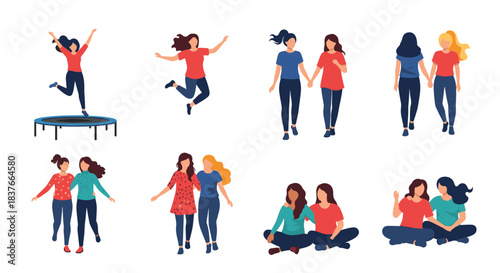 Collection of female characters illustrating friendship with two women walking together jumping on a trampoline and sitting closely.