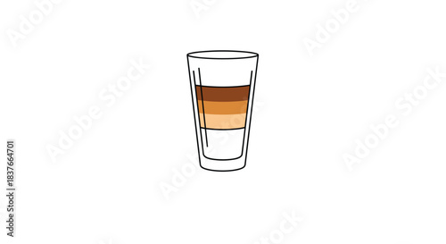 Minimalist line art illustration of a layered latte macchiato coffee drink served in a tall clear glass on a white background.