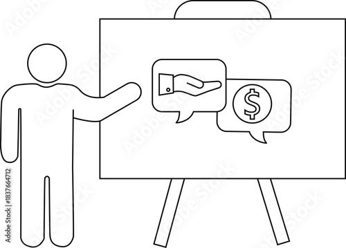 An illustration shows a person presenting a board with a hand and a dollar sign in speech bubbles