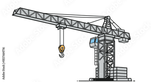 Simple line art illustration of a tall industrial tower crane with a hook used for lifting heavy materials on a construction site.