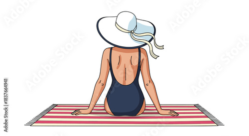 Back view of a slim woman in a dark swimsuit and a wide-brimmed sun hat relaxing on a striped beach towel during summer.