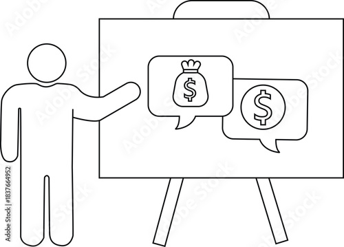Man presenting a chart with money symbols in speech bubbles on an easel