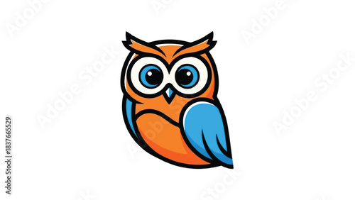 Cute cartoon owl with big eyes and orange feathers looking forward.
