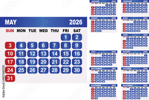 2026 Calendar Grid with May Highlighted and Monthly Views january february