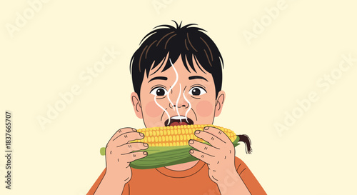 Young boy with a surprised expression on his face takes a big bite out of a steaming hot and freshly cooked ear of corn on the cob.