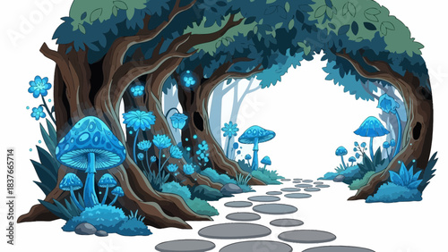 A whimsical path through a magical forest with glowing blue mushrooms and gnarled trees, leaves, and stone pathway