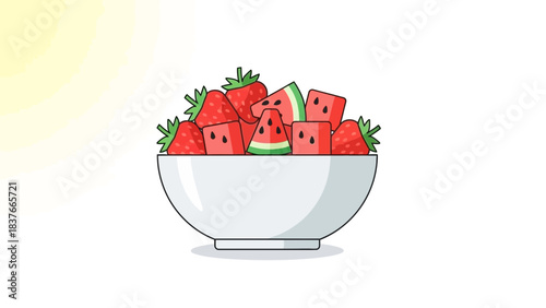 A white bowl with cut strawberries and watermelon pieces on white background, with a yellow hue in the upper left