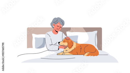 A woman in bed gently pets her golden dog, portraying a heartwarming scene of companionship and care
