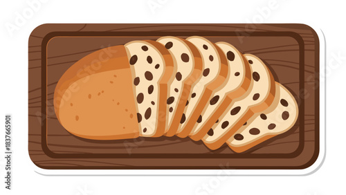 Top View of a Loaf of Raisin Bread Sliced on a Wooden Cutting Board with a White Border