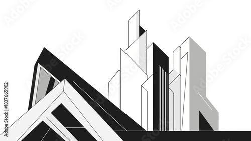 Abstract cityscape illustration in black, white, and grey shades with geometric buildings and sharp angles