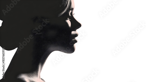 Striking profile portrait of a woman illuminated by dramatic chiaroscuro lighting against a deep emphasizing beauty