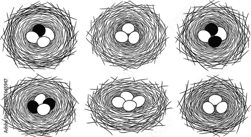 Set of bird nests silhouette illustrations, rustic black and white woven nest elements with two or three eggs, isolated vector graphics collection for nature, spring, or Easter design.
