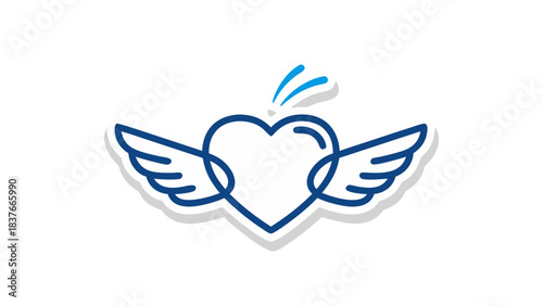 Stylized White Heart With Blue Outline And Wings Against Black Background With Subtle Shadow Effect