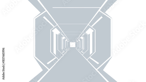 Abstract geometric perspective of a hallway. The style is clean and minimalist with an illusion of depth and symmetry