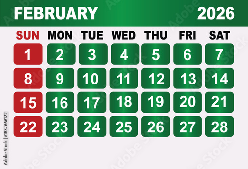 February 2026 Calendar Grid With Red Sundays And Green Weekdays month