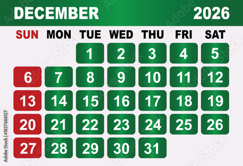 December 2026 Calendar Grid With Red Sundays And Green Weekdays month