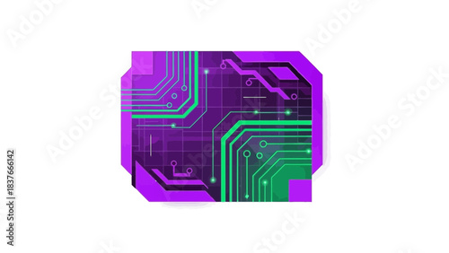 Abstract purple circuit board illustration with green pathways, on a white background, resembling electronics