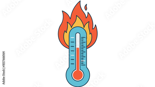Thermometer illustration on fire showing high temperature with red orange flames against black background detailed graphic vector art