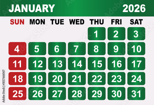 January 2026 Calendar Grid With Red Sundays and Green Weekdays vector illustration