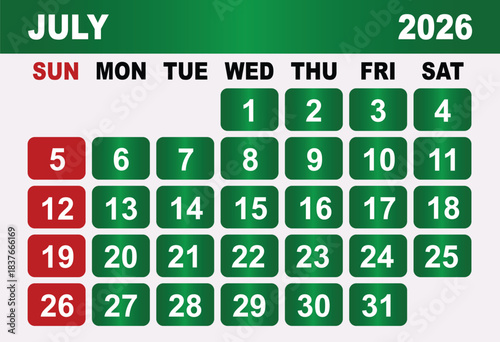 July 2026 Calendar Grid With Red Sundays and Green Weekdays vector illustration