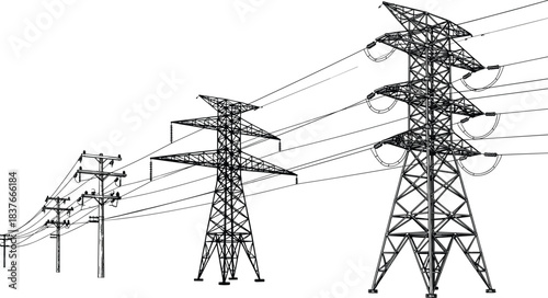 Electric Power Transmission Towers and Utility Poles Vector Illustration: Energy Grid Infrastructure, High Voltage Powerline Network, Blueprint Line Art Design, Modern Electricity Supply Concept